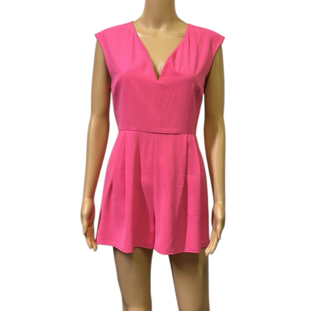 Ambar Pink V Neck Exposed Back Zipper Lined Romper Shorts Womens Small